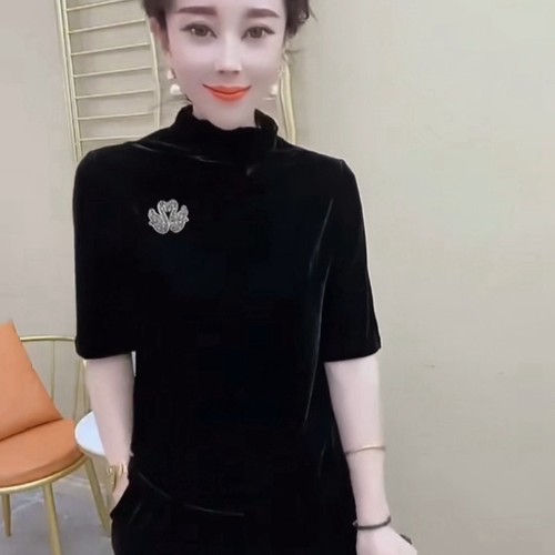 短袖时尚小高领金丝绒修身T恤女
