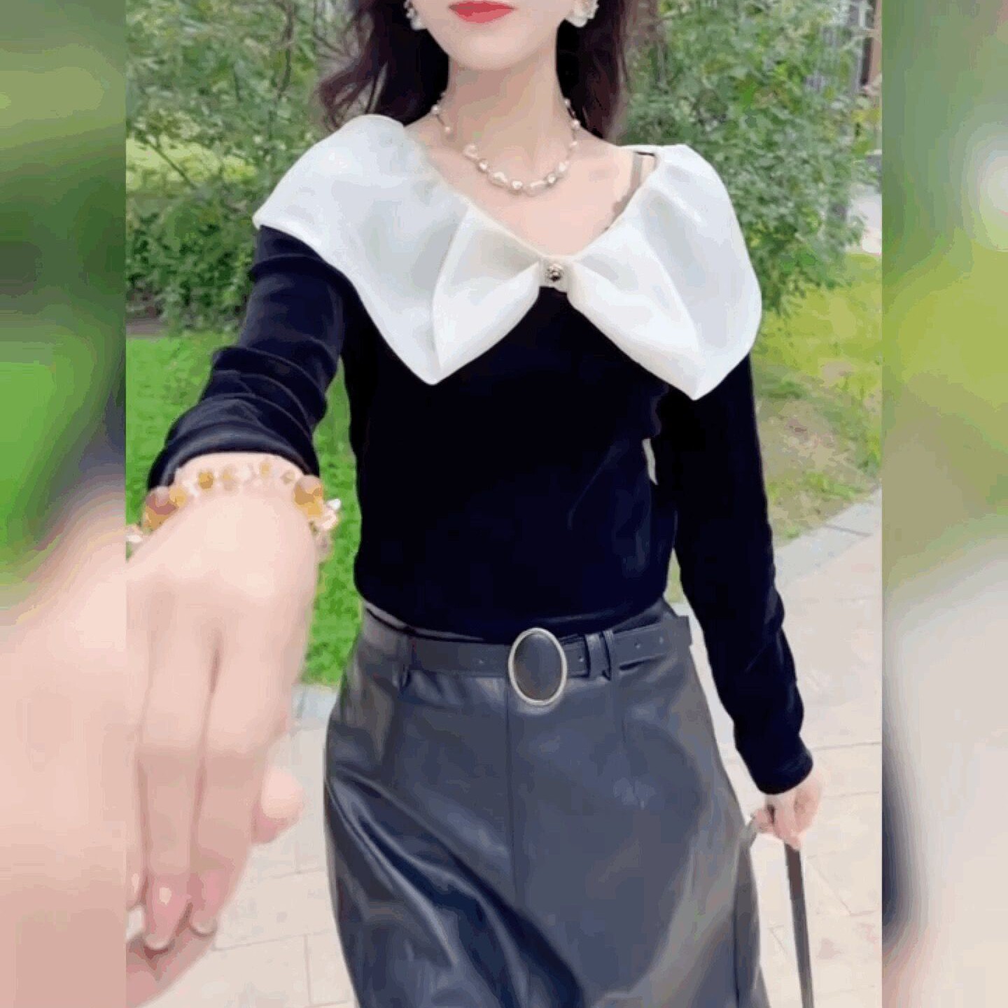 长袖千金风名媛t恤女雪纺拼丝绒打底衫荷叶边小香风法式黑色上衣
