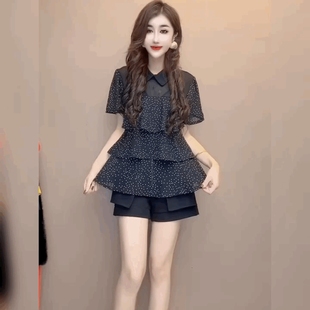 荷叶边翻领波点雪纺衬衫女法式时尚短袖黑色上衣百搭设计感雪纺衫