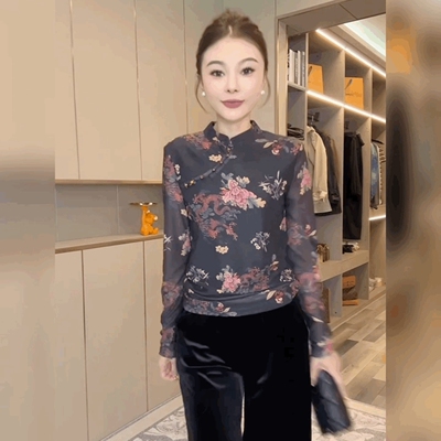 盘扣复古蕾丝碎花长袖T恤女