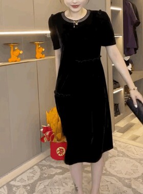 金丝绒短袖宽松连衣裙女