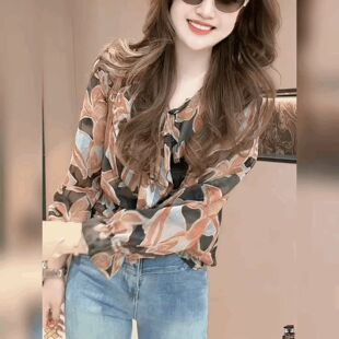 女洋气宽松系带复古上衣荷叶边小衫 衬衫 复古碎花雪纺V领长袖 法式