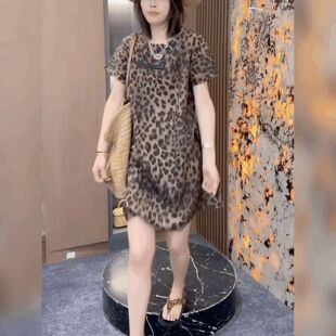 丝麻气质女人味背心裙女小香风豹纹连衣裙中长款法式圆领时尚裙子