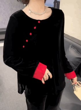 新中式金丝绒黑色唐装上衣国风复古丝绒T恤衬衫女圆领宽松打底衫