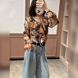 衬衫 复古碎花雪纺V领长袖 女 法式 洋气独特宽松系带上衣荷叶边小衫