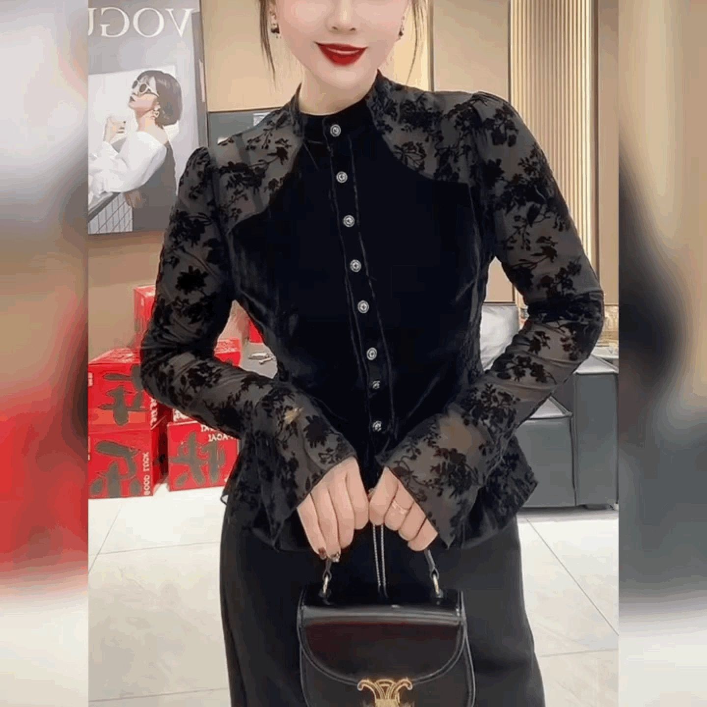 轻奢蕾丝植绒拼丝绒T恤衬衫女法式立领黑色上衣喇叭袖收腰打底衫,女装/女士精品,衬衫,淘宝优惠券,粉丝福利购,淘宝优惠卷