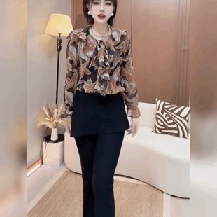 女洋气轻奢宽松系带上衣荷叶边小衫 衬衫 复古碎花雪纺V领长袖 法式