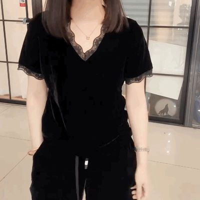 法式金丝绒短袖V领t恤女