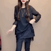 法式 黑色圆领上衣 女假两件遮臀打底衫 宽松中长款 雪纺蕾丝T恤衬衫