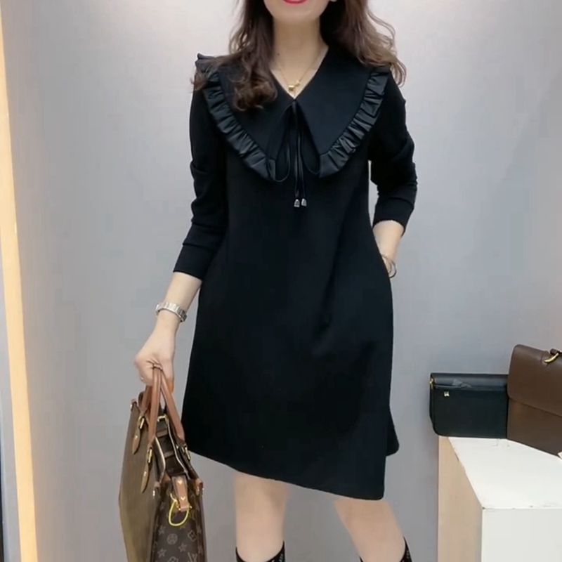 宽松A字裙娃娃领黑色连衣裙女潮