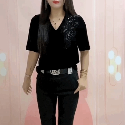 亮片金丝绒修身短袖t恤女