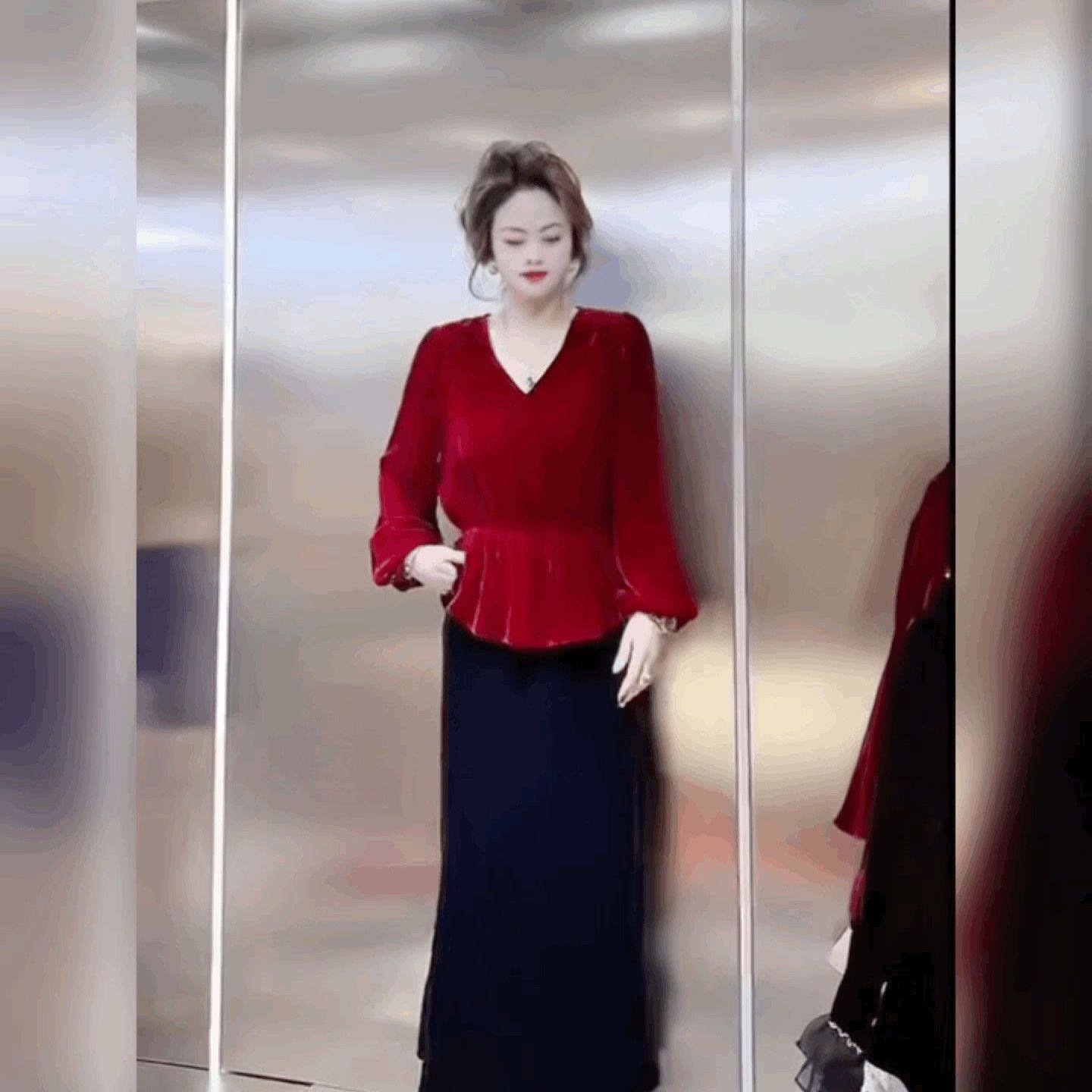 V领长袖衬衫T恤衫灯笼袖丝绒法式网红黑色上衣女高级感轻奢打底衫