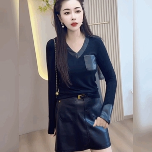 打底衫时尚网纱法式内搭上衣潮长袖V领修身蕾丝拼接PU皮黑色t恤女