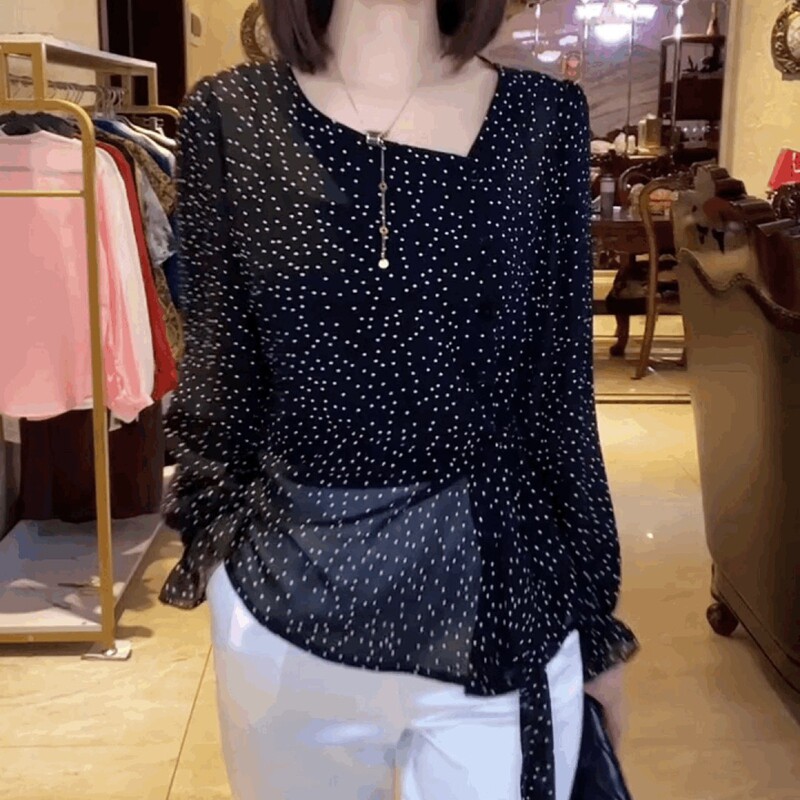 法式波点黑色系带长袖防嗮上衣气质雪纺衫斜V领衬衫女空调T恤小衫