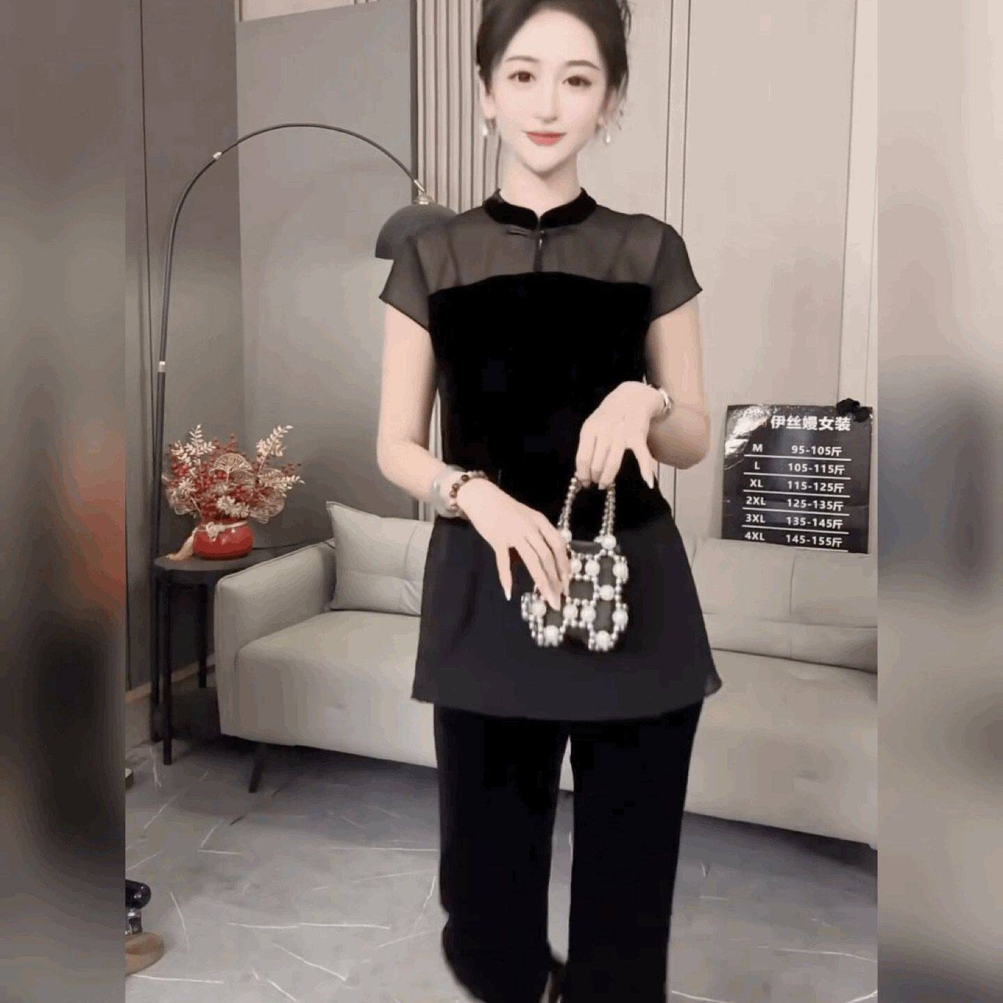 黑色复古上衣新中式丝绒拼雪纺短袖t恤衬衫女国风盘扣中长款小衫