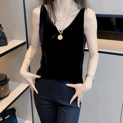 丝绒吊带V领背心丝绒美背心女士