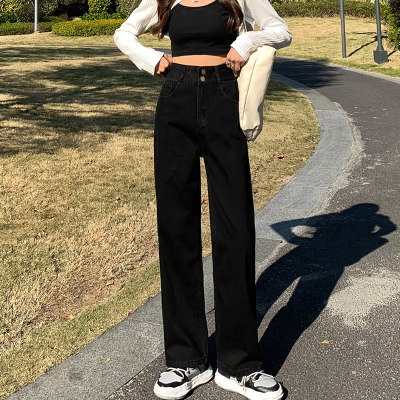 黑色高腰阔腿牛仔裤女2023年春秋新款直筒宽松垂感拖地显瘦夏季薄