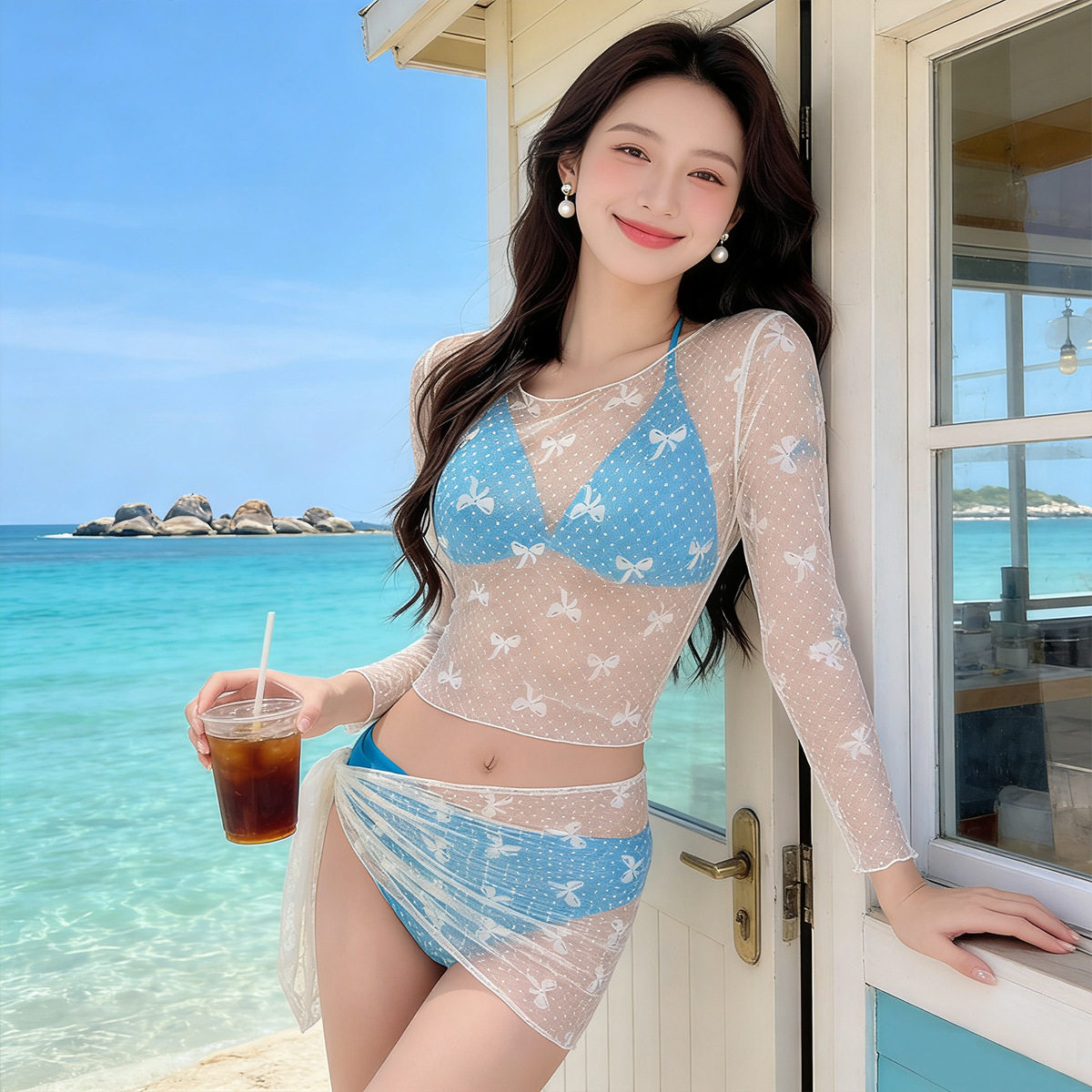 分体泳衣女带罩衫超仙蝴蝶结蕾丝长袖小清新度假比基尼四件套