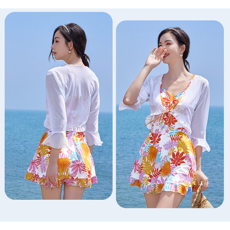 碎花连体裙式泳衣女三件套保守遮肚显瘦带罩衫长袖沙滩度假温泉