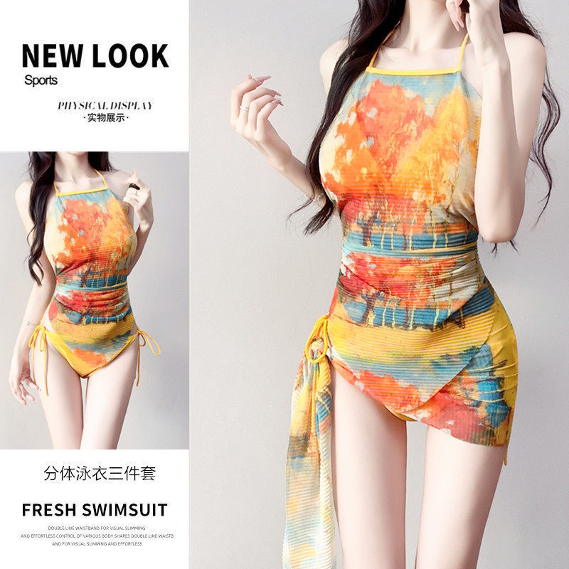 分体泳衣女复古油画风挂脖高腰抽绳围纱收腰遮肚显瘦温泉沙滩度假