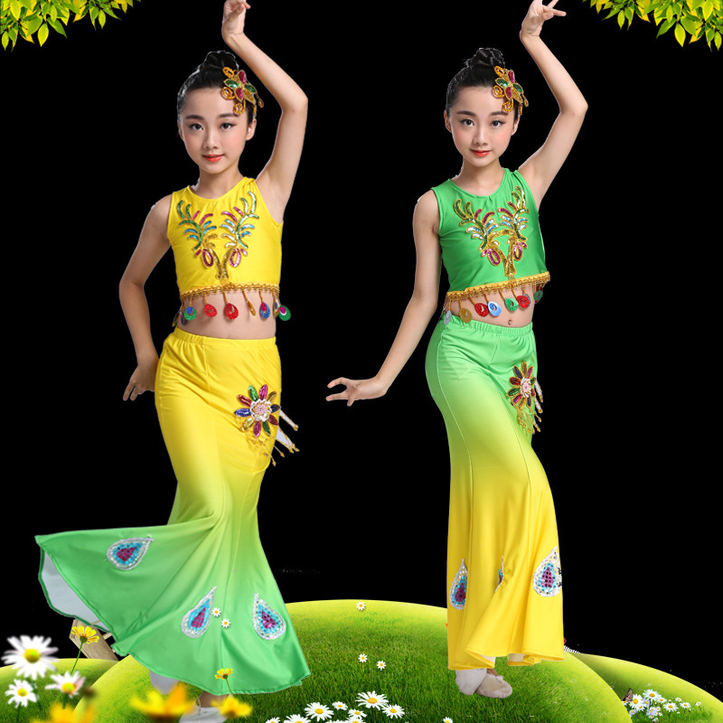 儿童傣族舞蹈服孔雀舞演出服装民族舞彩云之南练功服女童鱼尾裙