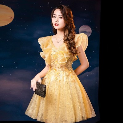 公主双肩短袖蓬蓬裙短款晚礼服女