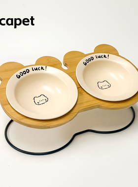 陶瓷宠物猫狗碗猫咪食盆双碗架倾斜木架BD飞碟碗盘高脚护颈