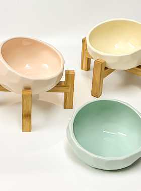 陶瓷宠物猫狗碗600ml斜口碗带木架增高护颈防打翻减少黑下巴水碗