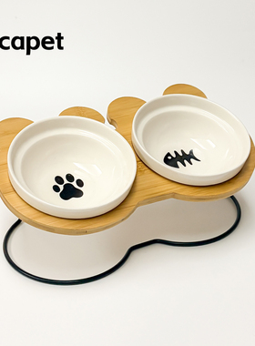 日系陶瓷宠物猫狗碗套装双食盆狗水碗带架增高护颈釉下彩陶瓷猫碗