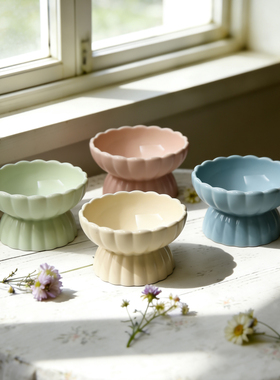 陶瓷高脚碗猫狗碗花边造型慢食碗水碗盆猫粮碗增高护颈防黑下巴