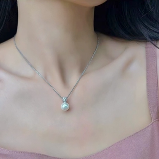 纯银真多麻珍珠项链女灰色单颗戴妃澳白吊坠轻奢锁骨链送女友礼物