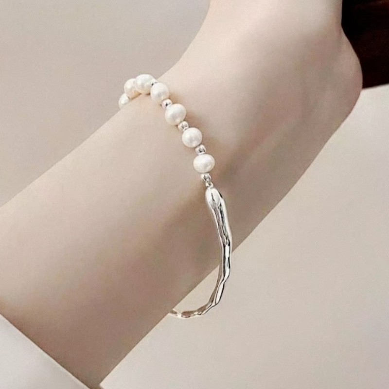 珍珠半镯手链女竹节树枝纯银手镯巴洛克风珠子手链送女友生日礼物