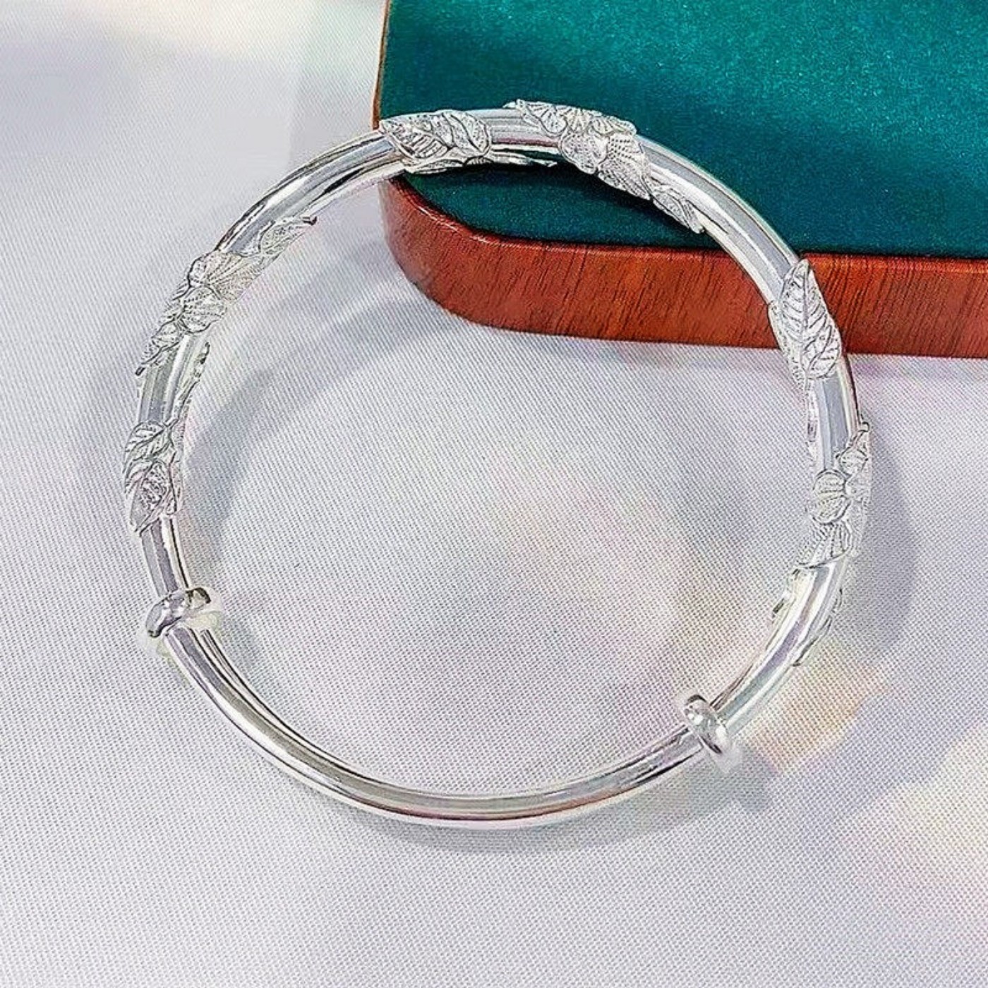 纯银手镯女繁花似锦实心足银镯子9999竹节手环饰品送女友生日礼物