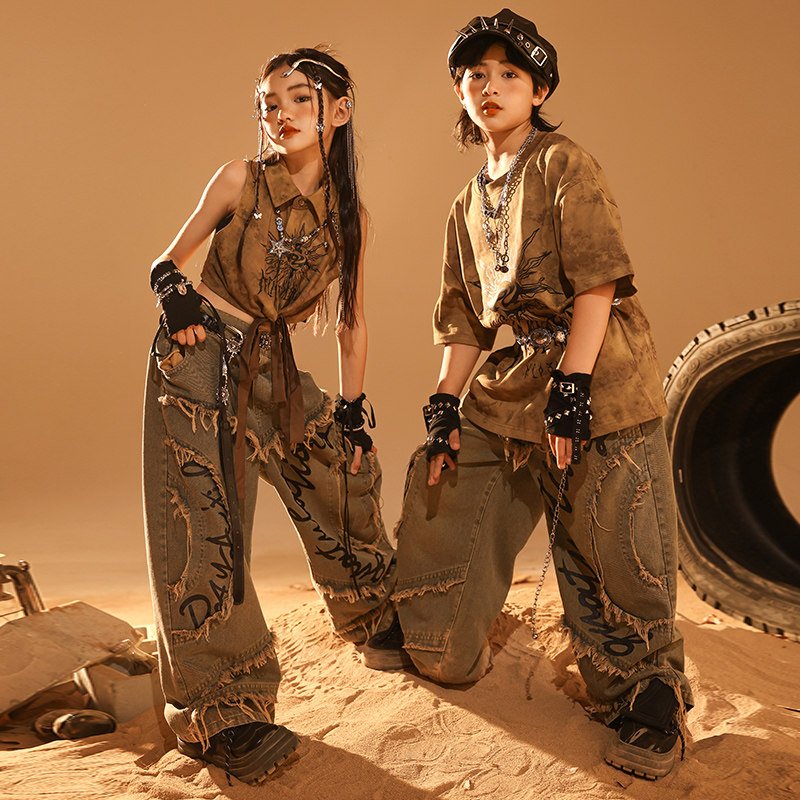 潮牌街舞儿童潮服帅气嘻哈演出服hiphop表演童装男女童废土风套装