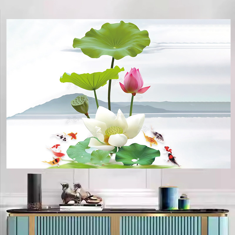 荷花自粘画墙壁贴画贴画卫生间装饰画荷花风水画瓷砖防水海报定制
