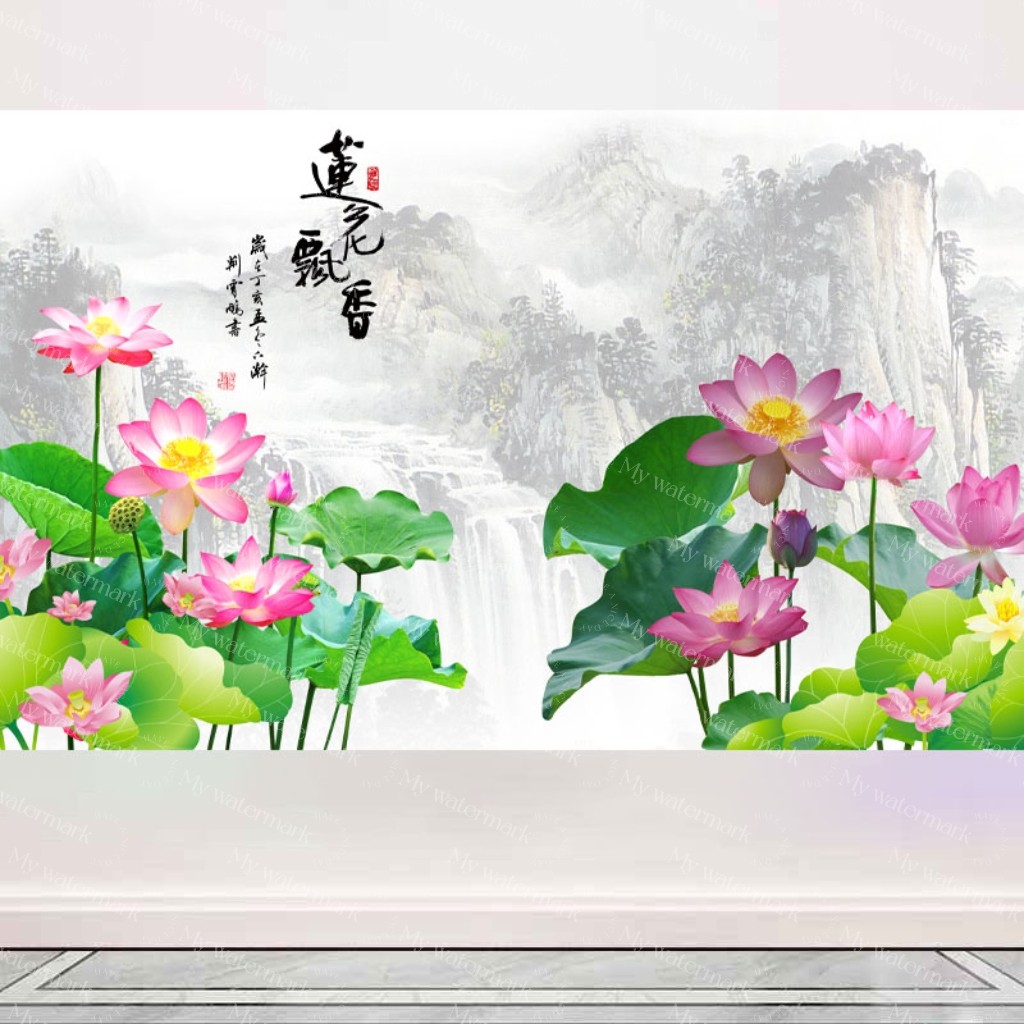 净秽荷花图白莲图卫生间浴室厨房厕所招财去秽装饰画九鲤鱼自贴画