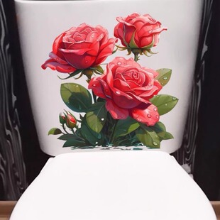 精致红玫瑰马通盖贴纸卫生间墙贴浴室厕所防水个性创意花卉贴画