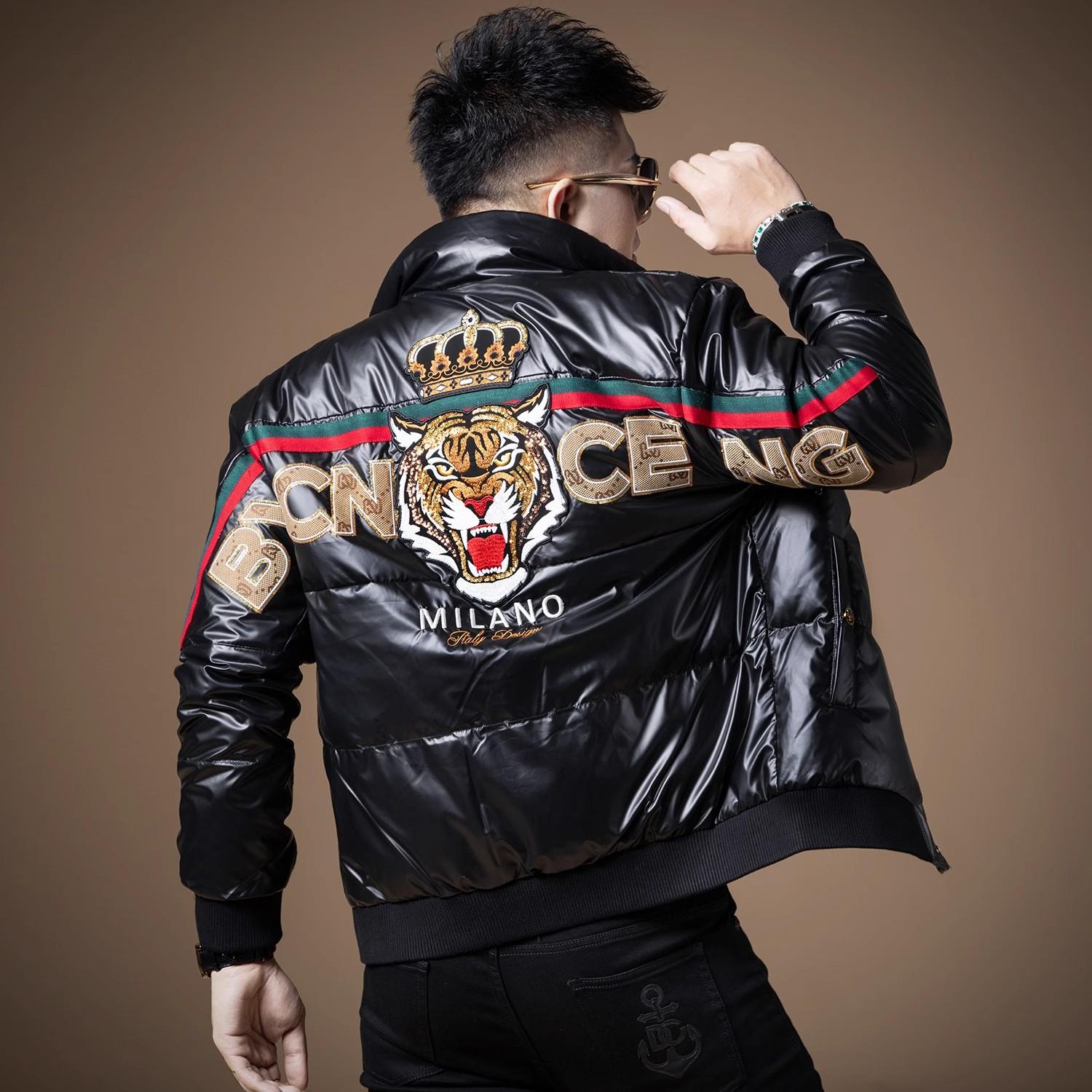 欧美潮流男装时尚虎头刺绣加绒外套冬季新款潮高端贴布保暖羽绒服