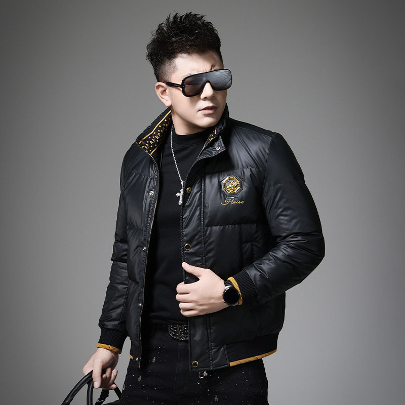 欧美新款高端刺绣羽绒服男冬季90白鸭绒加厚保暖防寒男士立领外套