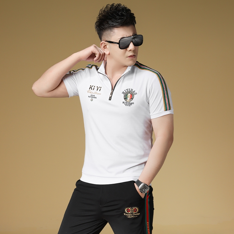 新款潮流男士冰丝立领半拉链t恤