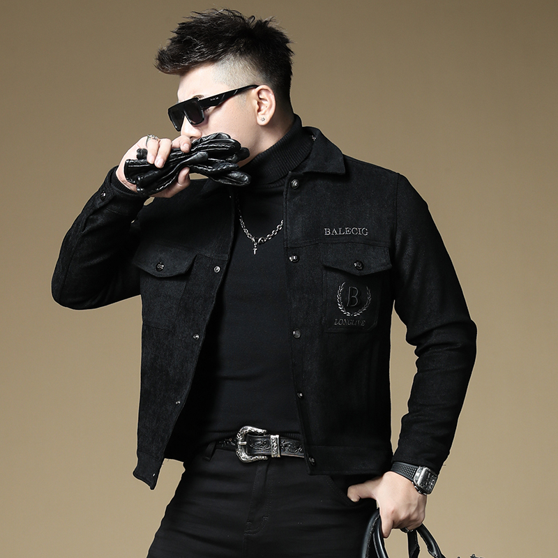 欧洲站高端刺绣翻领毛呢夹克春秋冬男士轻奢亮片工装外套修身上衣