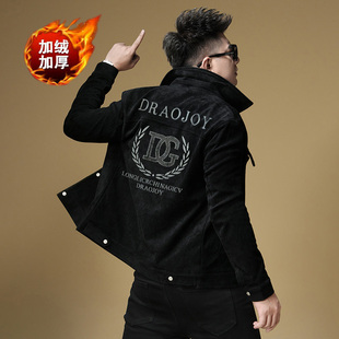 欧货潮牌刺绣加绒翻领毛呢夹克秋冬男士轻奢亮片工装外套修身上衣