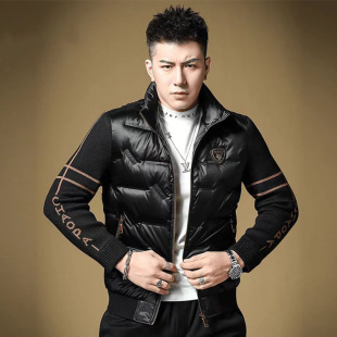 高端条纹针织拼接羽绒服男士2025新款男装潮牌立领轻薄款冬季外套