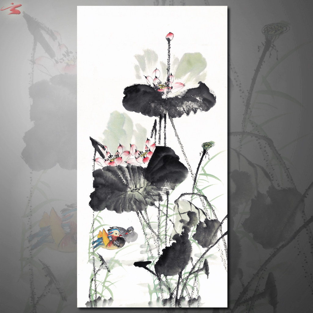 竖版中堂荷花鸳鸯国画新中式装饰画花鸟水墨画国画微喷宣纸画心