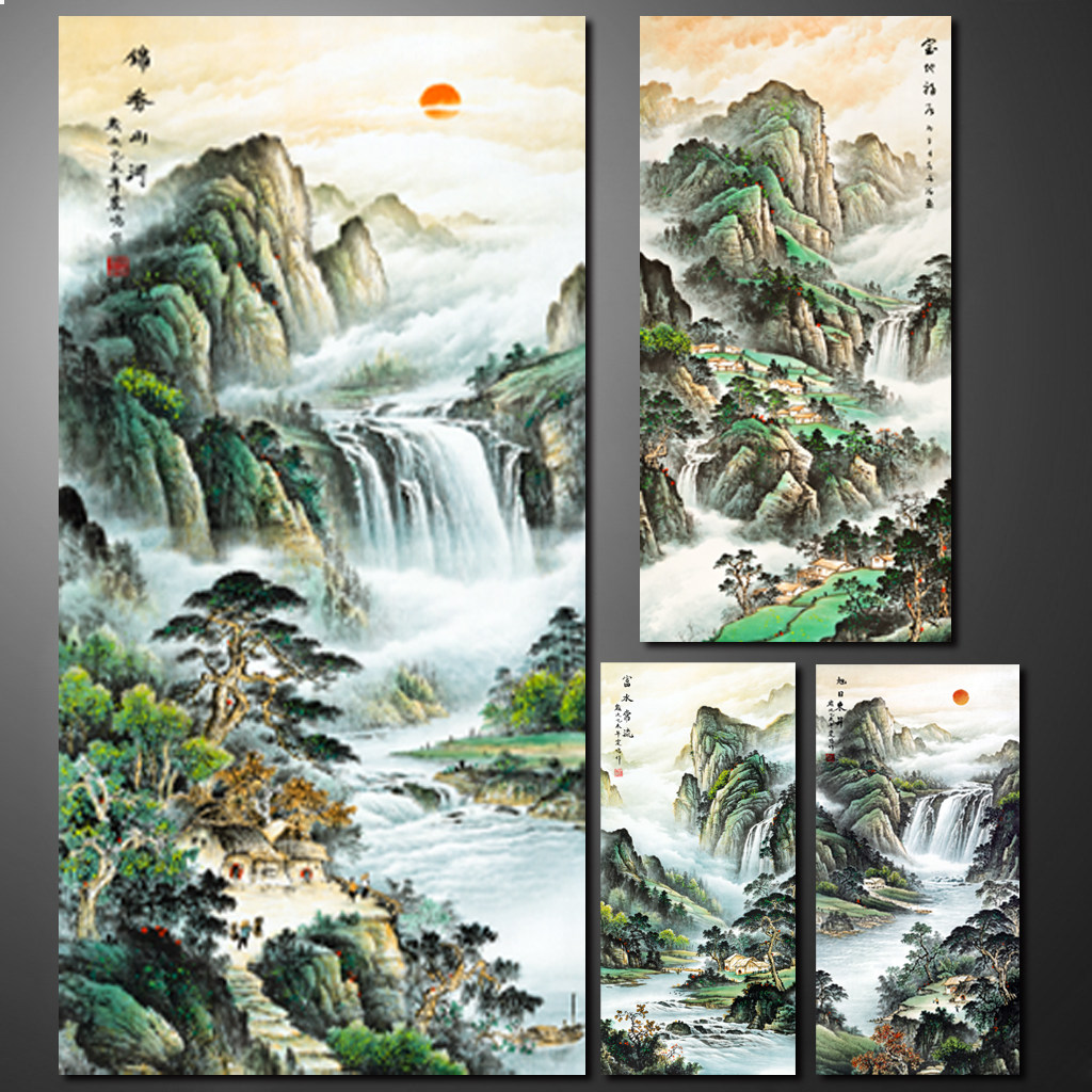 竖版山水画国画瀑布松树装饰画客厅玄关卧室挂画微喷宣纸画心