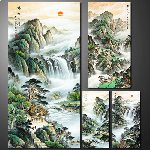 中式山水国画瀑布松树竖版挂画