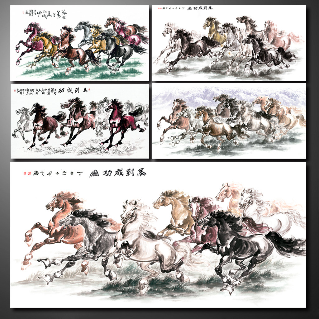 水墨国画八骏图雄风马到成功装饰画中国风古典山水画微喷宣纸画心