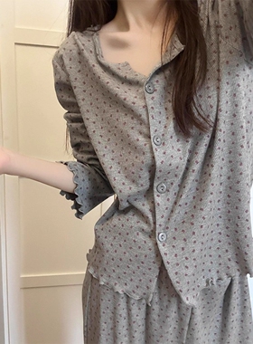 韩系甜美碎花开衫睡衣女春秋季新款大码长袖长裤家居服套装可外穿