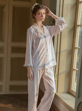 法式甜美睡衣女性感丝绒蕾丝拼接开衫上衣长裤两件套家居服可外穿