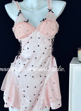 甜美爱心高级感睡衣纯欲蕾丝缎面吊带睡裙带胸垫